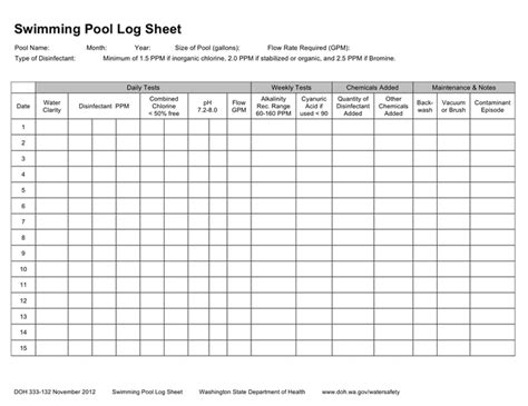 Printable Pool Chemical Log Sheet